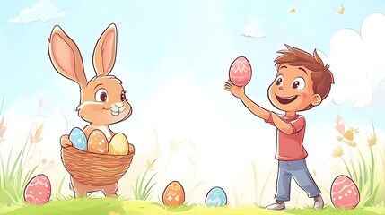 kid trhowing easter eggs and a rabbit holding an easter basket and catches the eggs,no backround, cartoon style,