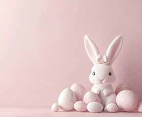 Delicate Easter advertising banner, pastel color scheme, generous top copy space, enriched with playful bunny and egg motifs