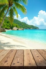 Fototapeta premium Tropical beach scene, blurred ocean, wooden table Perfect for product display , texture, advertising, holiday