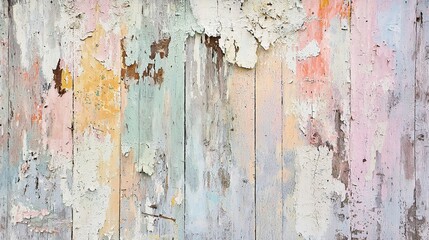 Peeling paint reveals weathered textures on old wooden door in pastel colors