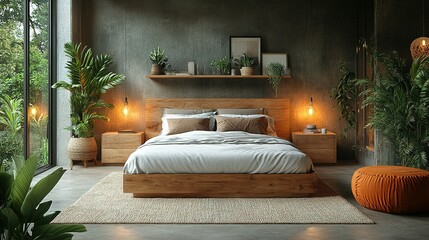 Modern Bedroom Design With Wooden Bed And Plants