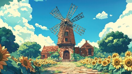A picturesque windmill surrounded by sunflowers under a bright blue sky.