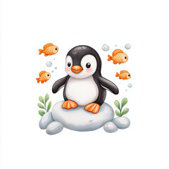 Cute penguin with fish and rocks in water
