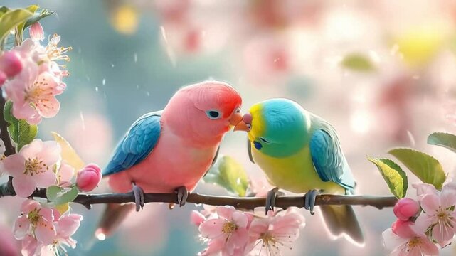 Pair of parakeets perched on a tree branch