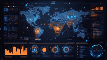 Obraz premium Global dashboard showcasing advanced AI analytics and machine learning insights, futuristic blue and orange colors,