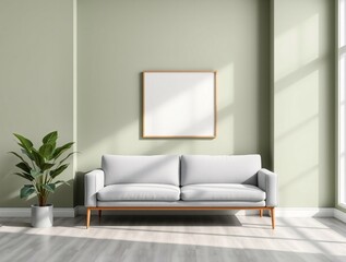 Elegant interior design featuring a green wall, sofa, a blank decorative framed art, and a potted plant. Showcasing minimalism and natural elements for home decor inspiration.