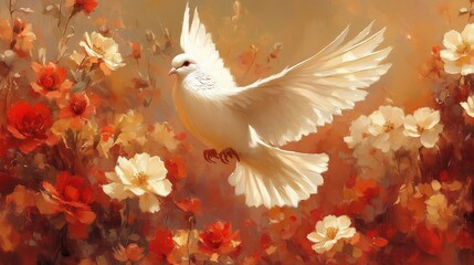 Majestic dove crafted from dark thorny branches soaring amidst vibrant flowers at dusk