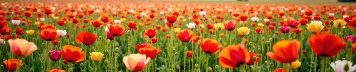 Obraz premium Widespread colorful poppy field with various flower types, flowers, summer