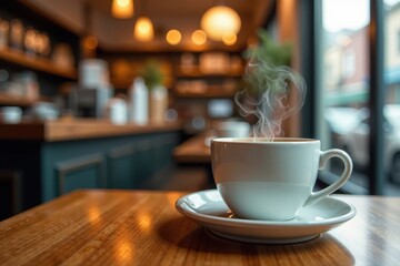 Close-up of steaming cup with wooden tabletop and blurred cafe scene, ambiance, blur