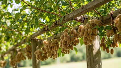 Kiwi vine with fuzzy brown fruits on wooden trellis in sunlight