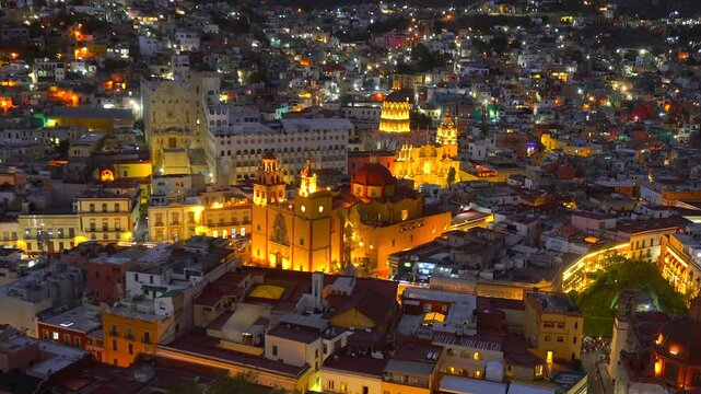 Guanajuato City, Mexico, Timelapse day to night. Guanajuato in evening twilight. Close up of Templo de San Felipe Neri