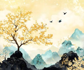 Japanese landscape background with traditional sumi-e painting style, copy space, wallpaper 