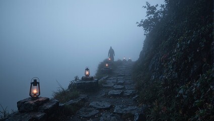 Obraz premium Mysterious figure on foggy mountain path with ancient lanterns