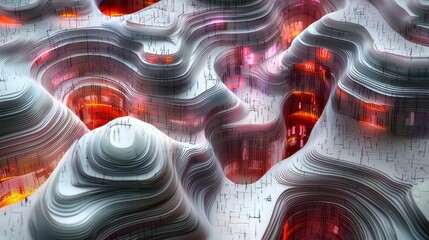 A vibrant view of layered, wavy structures filled with glowing colors. This digital art depicts an intricate interplay of light and form in a serene backdrop.