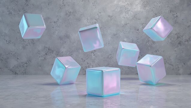 Fototapeta Futuristic iridescent cubes with neon edges on gray background