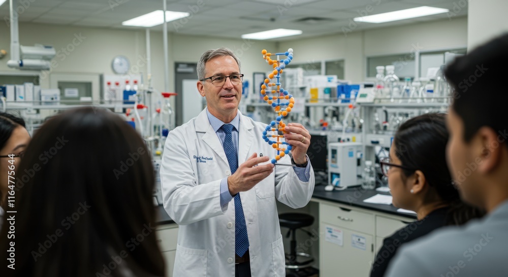 Poster scientist explains dna structure to students in a laboratory setting