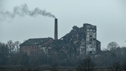 Eerie abandoned factory with crumbling chimney emitting smoke