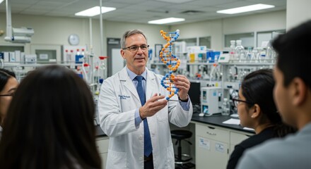 Obraz premium Scientist explains dna structure to students in a laboratory setting