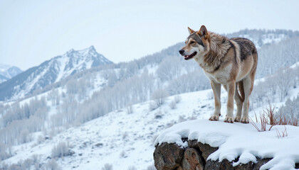 Fototapeta premium Wolf standing on snowy cliff overlooking mountainous landscape