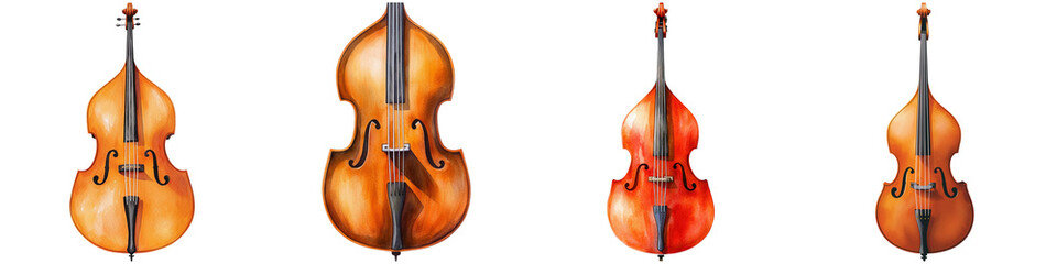 Music icon silhouette instrument and minimal, A collection of four beautifully crafted string instruments showcasing various designs and colors.