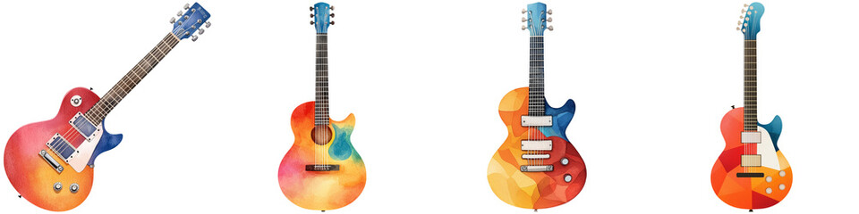 Obraz premium Music icon silhouette instrument and minimal, A collection of colorful electric and acoustic guitars showcasing unique designs and finishes.