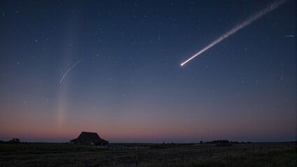 Stunning meteor lighting up rural twilight sky near lone barn