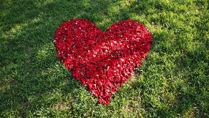Romantic heart shaped rose petals on grass under tree shadows