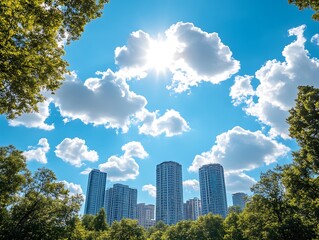 Fototapeta premium City skyscrapers rise above lush green trees under a bright sunny sky