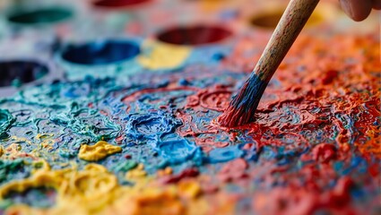 Fototapeta premium Vibrant oil paints mixed on palette red blue yellow streaks