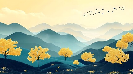 Japanese landscape background with traditional sumi-e painting style, copy space, wallpaper