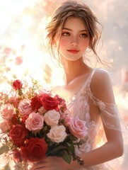 Obraz premium portrait of a woman in a soft, flowing dress, holding a bouquet of red and pink roses close to her chest. She should have a gentle smile on her face, her eyes looking softly toward the viewer.