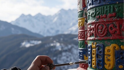 Colorful Tibetan prayer wheel spun against snowy mountains