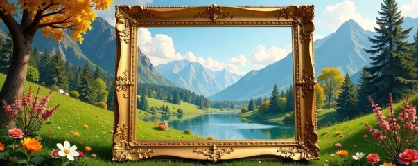 Elegant gold frame holding a serene landscape, vintage, calm, peaceful