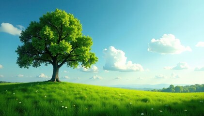 Obraz premium majestic tree standing alone in a lush meadow, natural green background, meadow, landscape