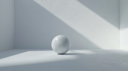 White sphere in minimalist room with sunlight.