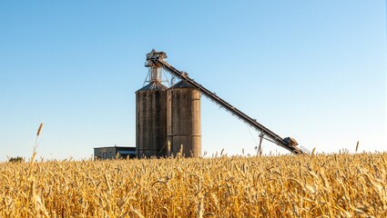 Golden wheat field with tall grain silo and conveyor belt