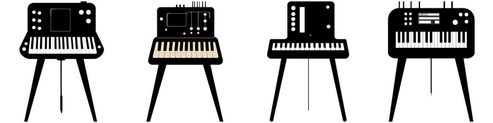 Fototapeta premium Music icon silhouette instrument and minimal, A series of stylized synthesizers depicted in a minimalist design, showcasing distinct shapes and features.