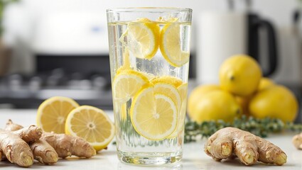 Refreshing lemon ginger water in a bright kitchen setting