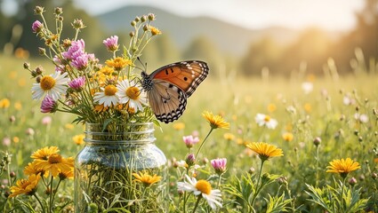 Vibrant butterfly on jar with flowers sunny meadow beyond