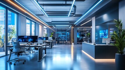 High-Tech Futuristic Workspace with Holographic Displays