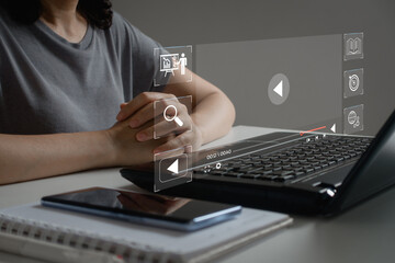 Online Education Concept. Businesswoman use online education training and e-learning webinar on internet for personal development and professional qualifications. Digital courses to develop new skill.