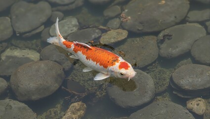 Vibrant orange and white koi fish in serene pond setting