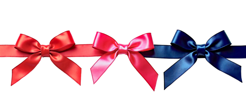 Three silk ribbons with bows: red, pink and blue, evenly distributed on a transparent background.