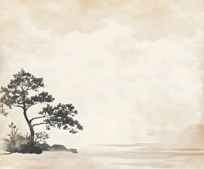 Japanese landscape background with traditional sumi-e painting style, copy space, wallpaper