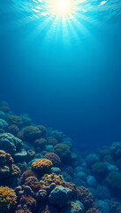 Fototapeta premium Serene Seabed: Captivating Blue Ocean Background with Sunlight and Undersea Wonders, pixel art, with white tones