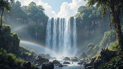 Majestic waterfall on volcanic rock with tropical birds