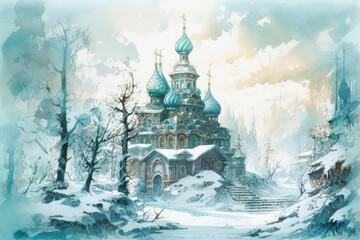 Obraz premium winter landscape with a majestic Russian temple in the foreground. 