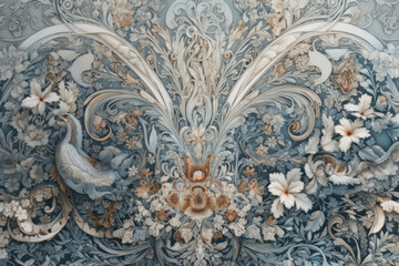 The watercolor illustration depicts an intricate and detailed design with floral motifs and images of birds.  