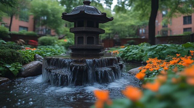 Stone Pagoda Water Feature In A Garden Setting