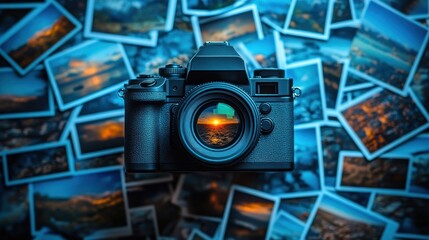 A camera positioned over scattered photographs, showcasing photography's art and memories.